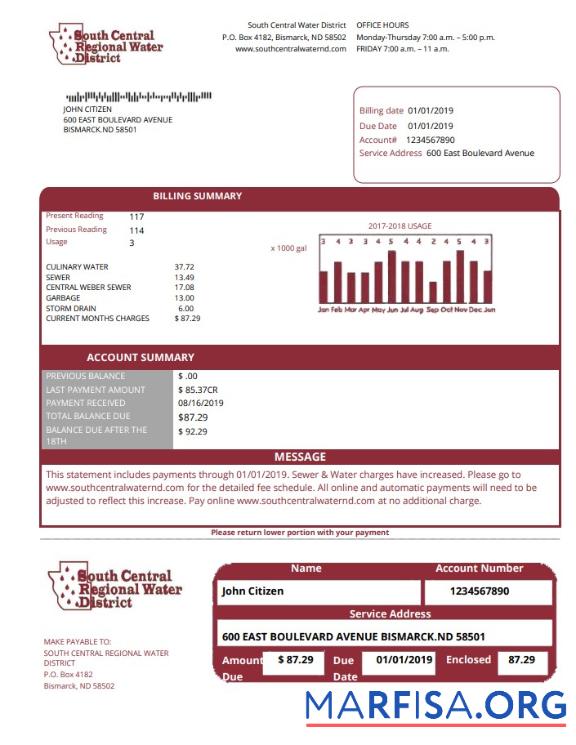 Realistic USA North Dakota South Central Regional Water District utility bill template in Word and PDF format